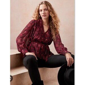 Banana Republic Chiffon Pleated Floral Blouse Women Petite Large Red Bohemian